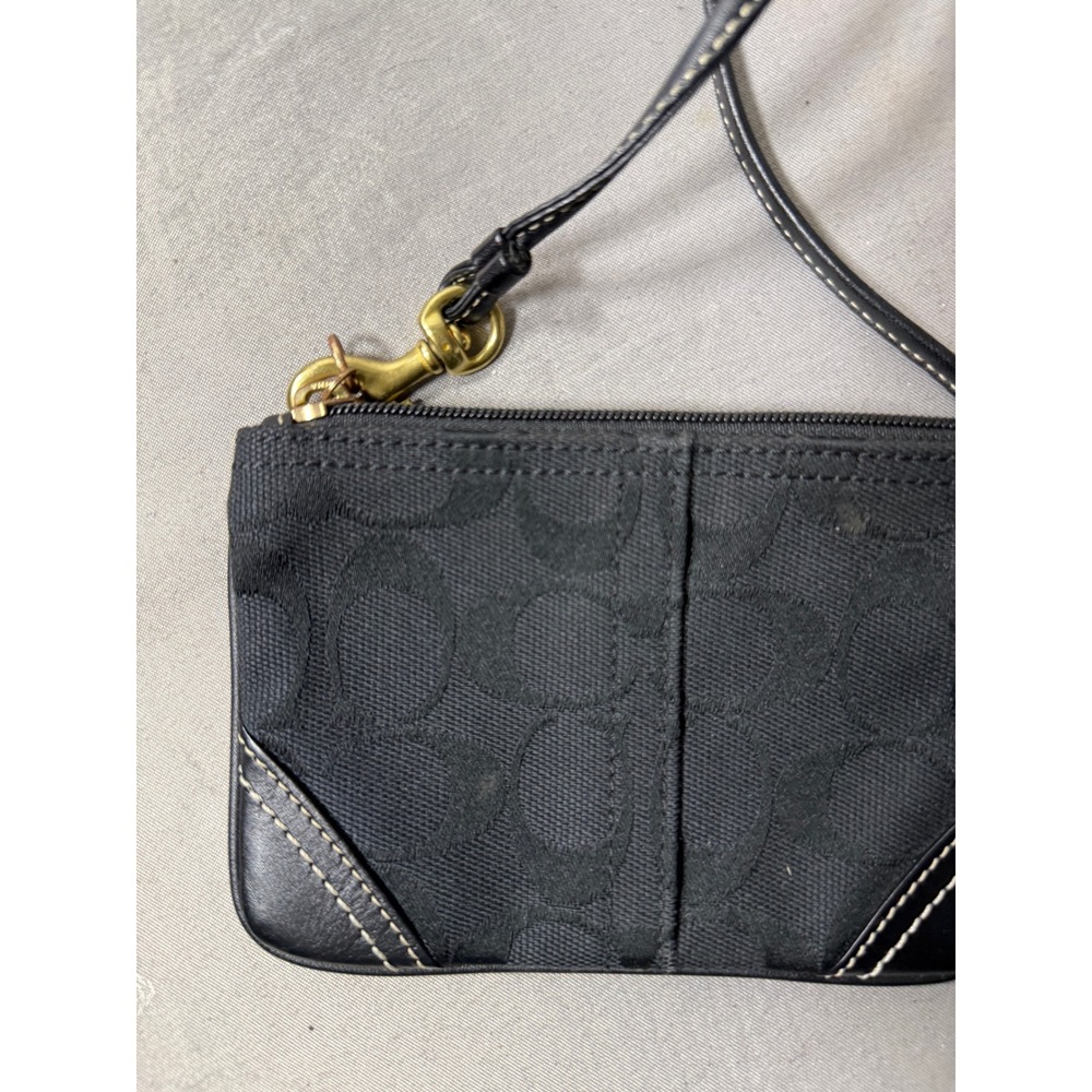 Coach Signature C Jacquard Wristlet Black Small Pouch Bag with Leather Trim - Picture 2 of 8